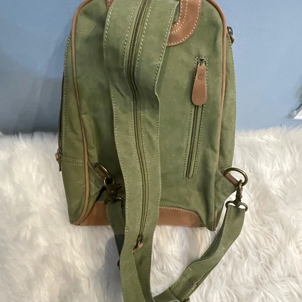 Vintage Yager Taiwan Green Brown Suede Multi Way Sling Backpack Crossbody Bag !